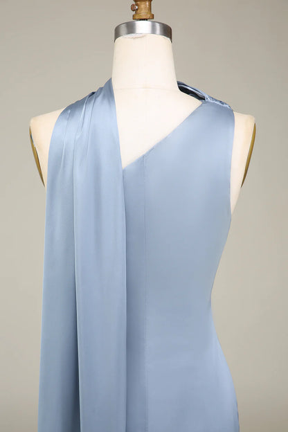 Slim fit one shoulder long satin grey blue bridesmaid dress