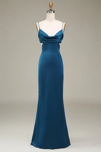 Peacock tight fitting thin shoulder strap long satin bridesmaid dress