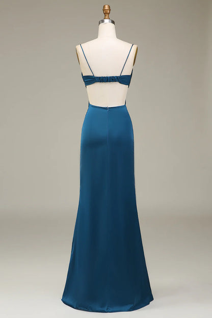 Peacock tight fitting thin shoulder strap long satin bridesmaid dress