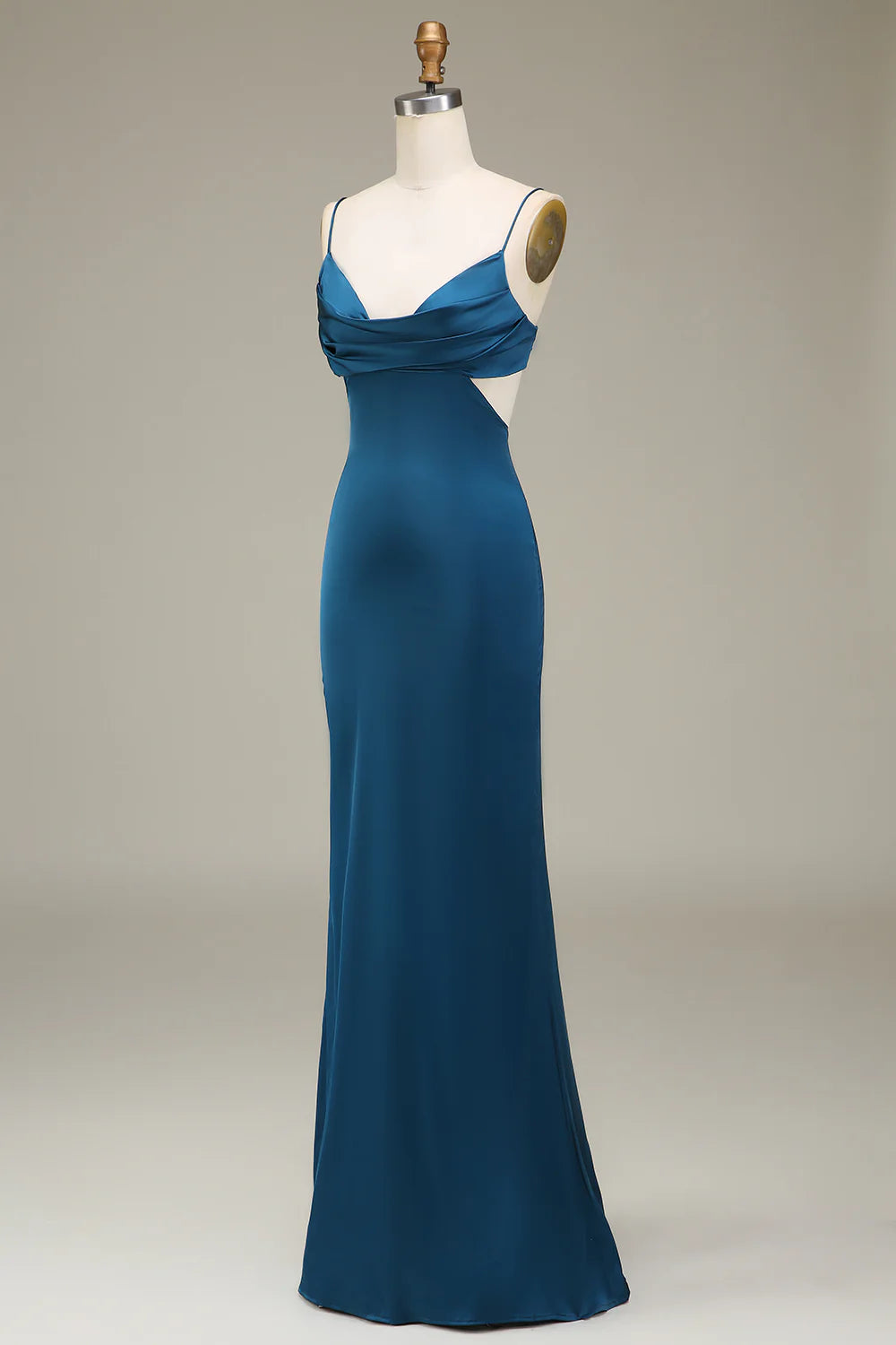 Peacock tight fitting thin shoulder strap long satin bridesmaid dress