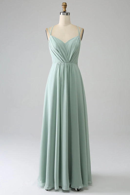 Matcha A-line thin shoulder strap backless pleated long bridesmaid dress