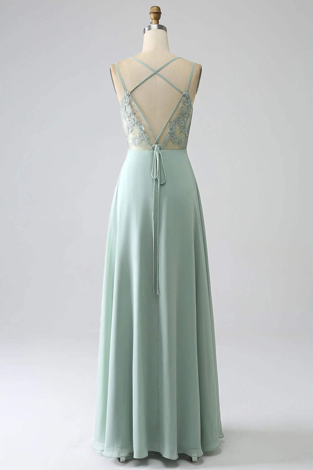 Matcha A-line thin shoulder strap backless pleated long bridesmaid dress