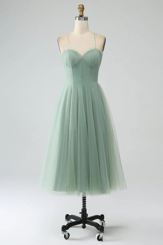 Matcha A-line thin shoulder strap tea long tight fitting corset thin gauze bridesmaid dress