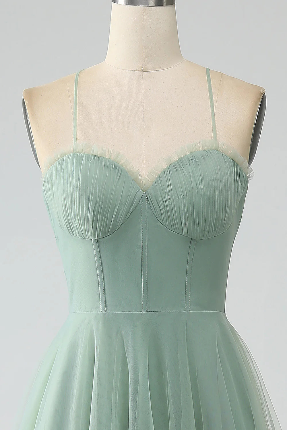 Matcha A-line thin shoulder strap tea long tight corset sheer bridesmaid dress