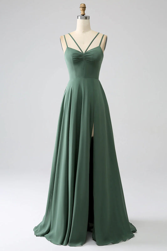 Eucalyptus A-line thin shoulder strap backless pleated long bridesmaid dress