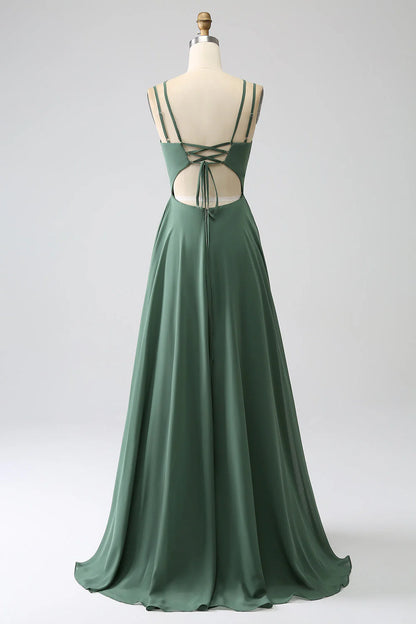 Eucalyptus A-line thin shoulder strap backless pleated long bridesmaid dress