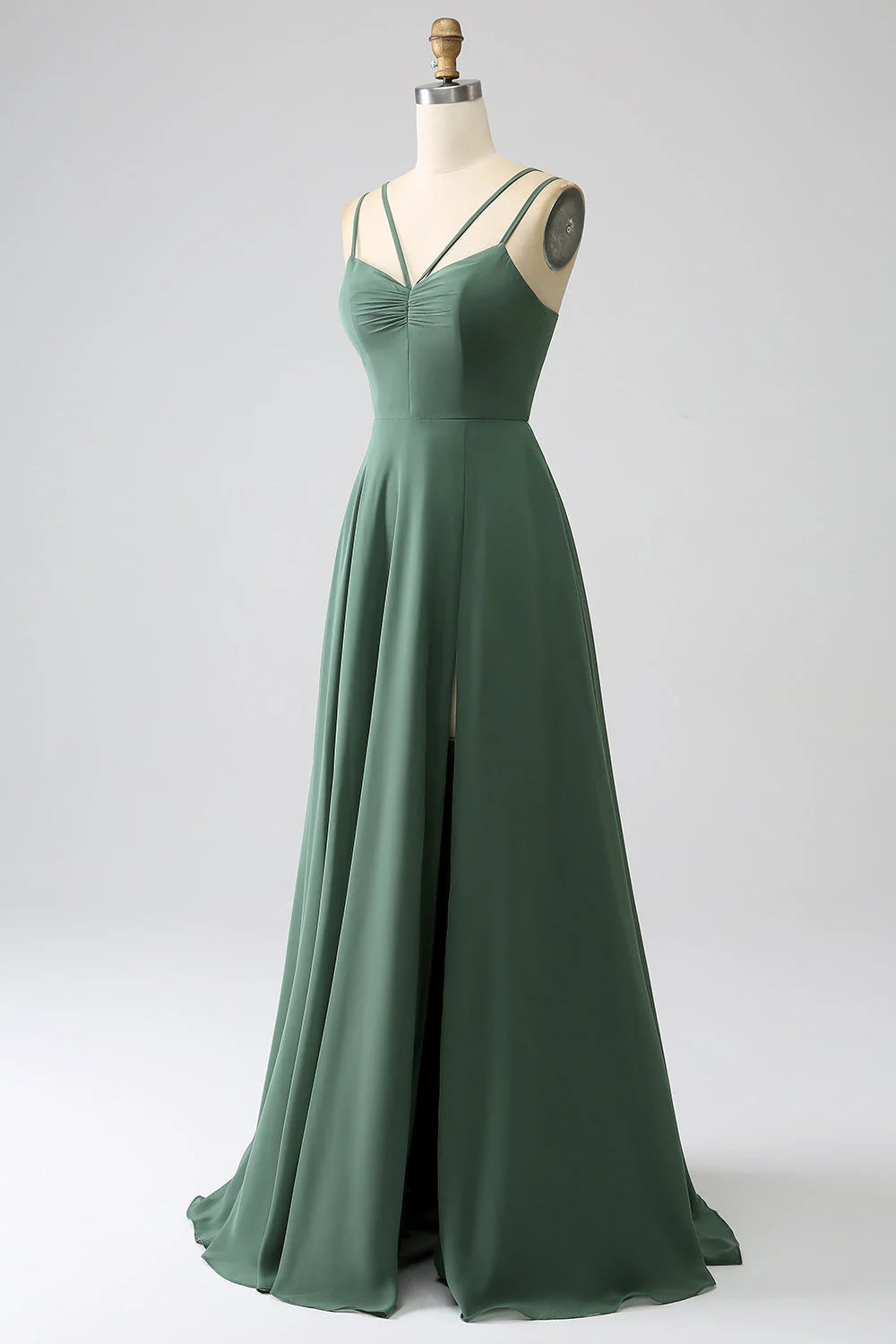 Eucalyptus A-line thin shoulder strap backless pleated long bridesmaid dress