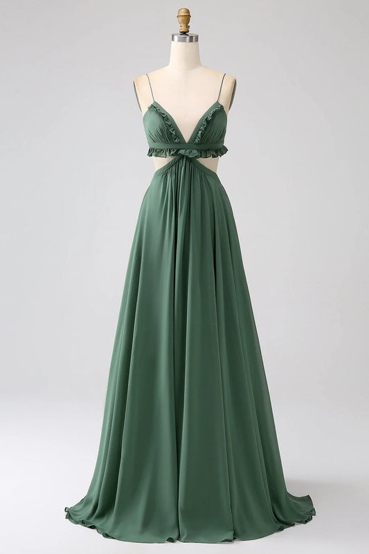 Thin shoulder strap with ruffle edge, green hollow out long bridesmaid dress