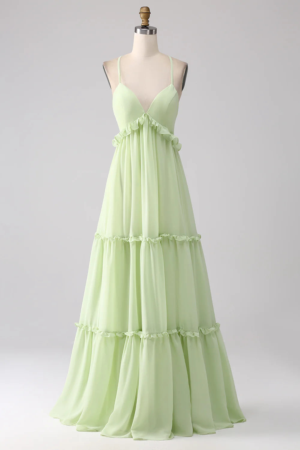 Light green A-line thin shoulder strap backless lotus leaf side length bridesmaid dress