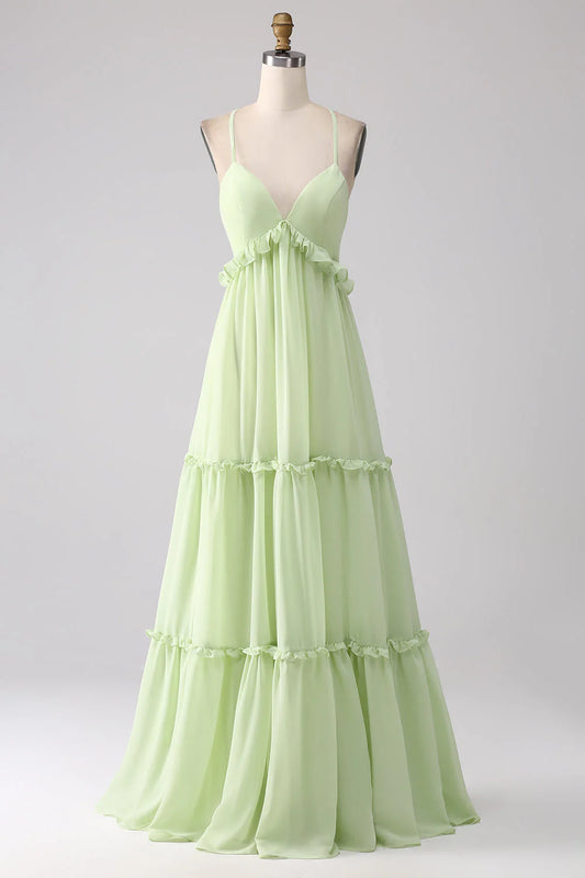 Ruffled A-shaped green lace up bridesmaid dress