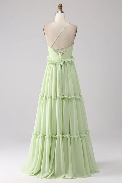 Ruffled A-shaped green lace up bridesmaid dress