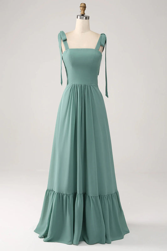 A Line Chiffon Green Long Pleated Bridesmaid Dress