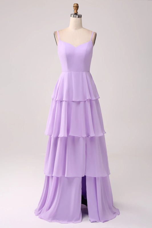 A Line thin shoulder strap layered chiffon lilac slit bridesmaid dress