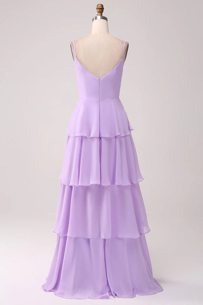 A Line thin shoulder strap layered chiffon lilac slit bridesmaid dress