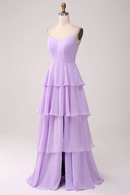 A Line thin shoulder strap layered chiffon lilac slit bridesmaid dress