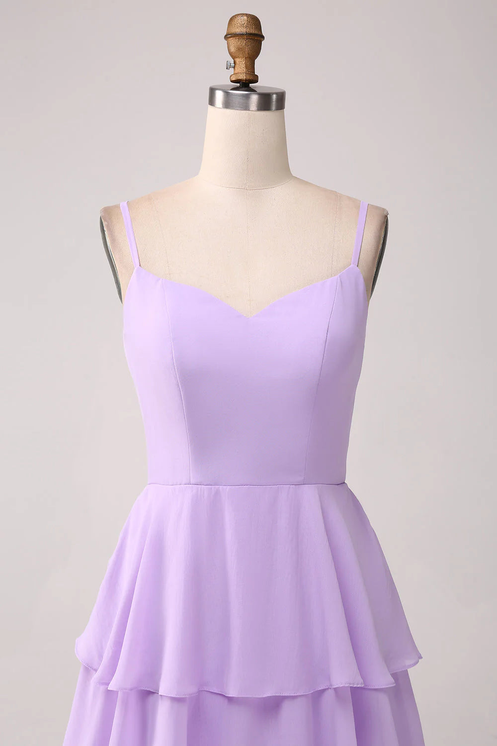 A Line thin shoulder strap layered chiffon lilac slit bridesmaid dress