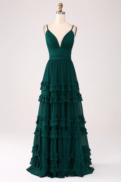 Deep green A-line thin shoulder strap layered pleated and floor length bridesmaid dress