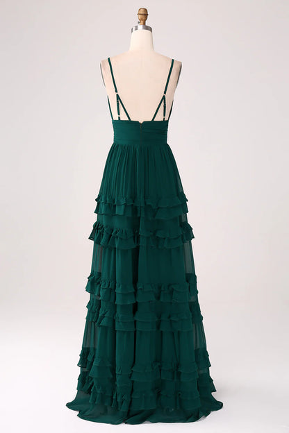 Deep green A-line thin shoulder strap layered pleated and floor length bridesmaid dress