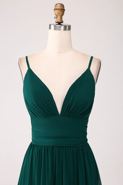 Deep green A-line thin shoulder strap layered pleated and floor length bridesmaid dress