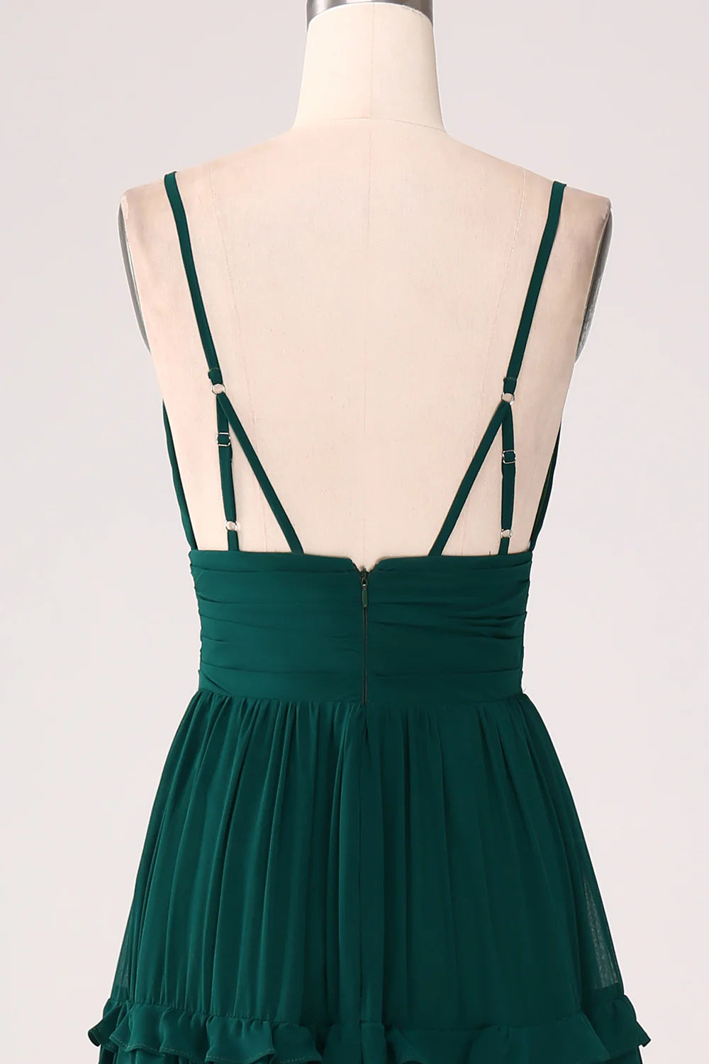 Deep green A-line thin shoulder strap layered pleated and floor length bridesmaid dress