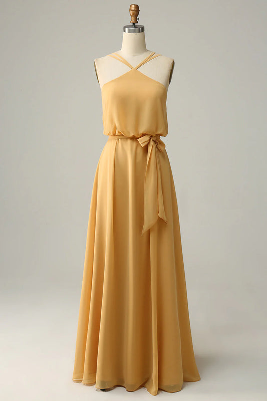 Bow A-line neck hanging yellow long bridesmaid dress