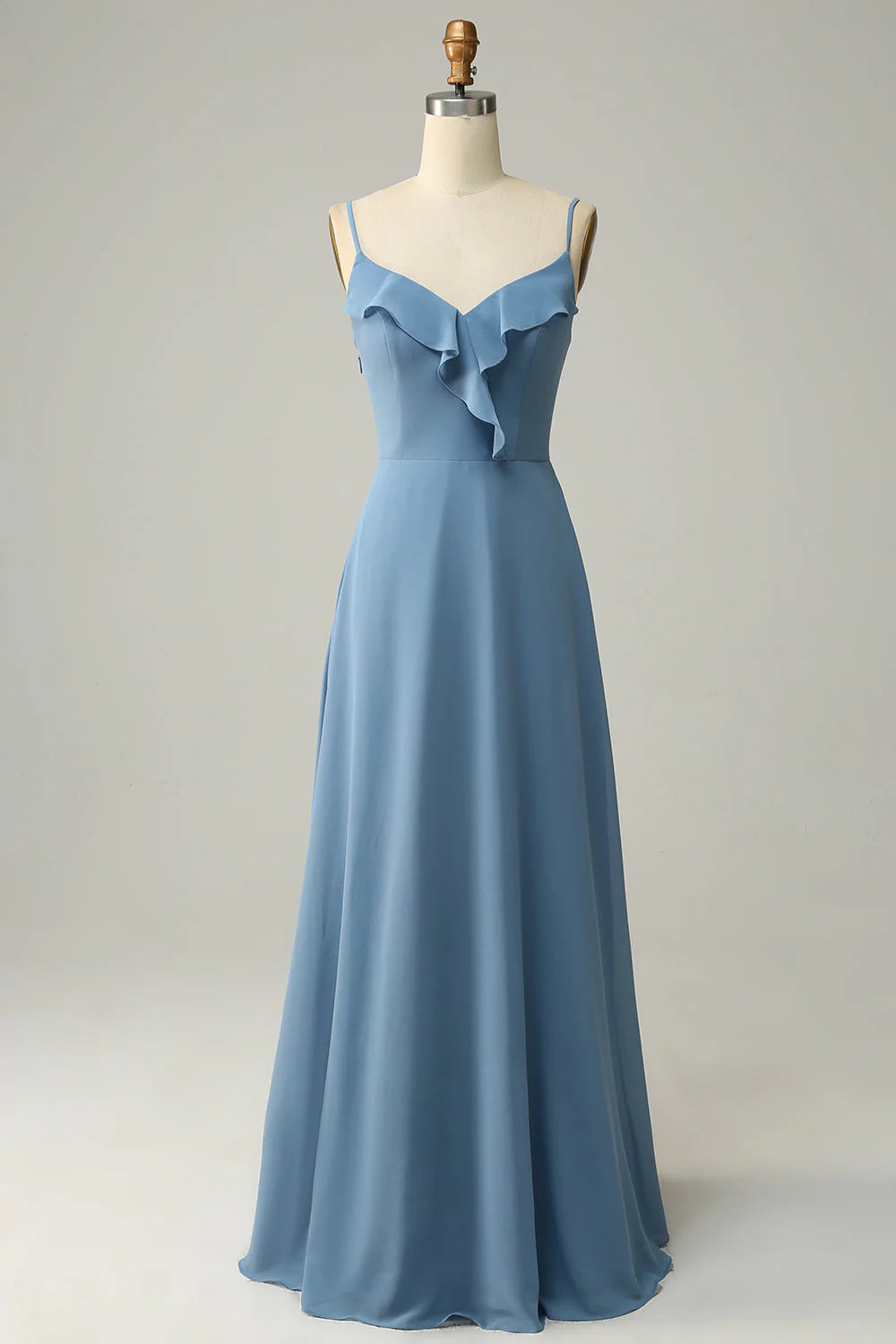 A Line thin shoulder strap gray blue ruffle edge long bridesmaid dress