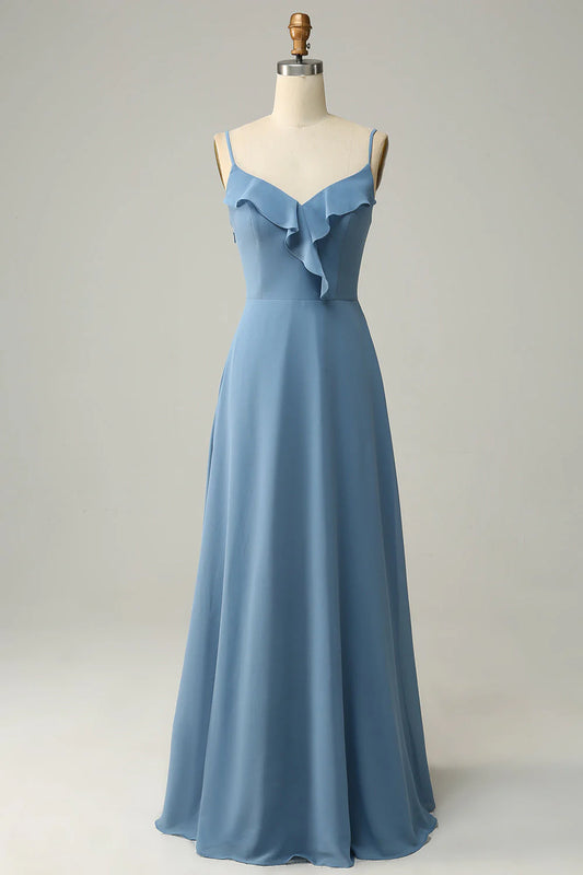 A Line thin shoulder strap gray blue ruffle edge long bridesmaid dress