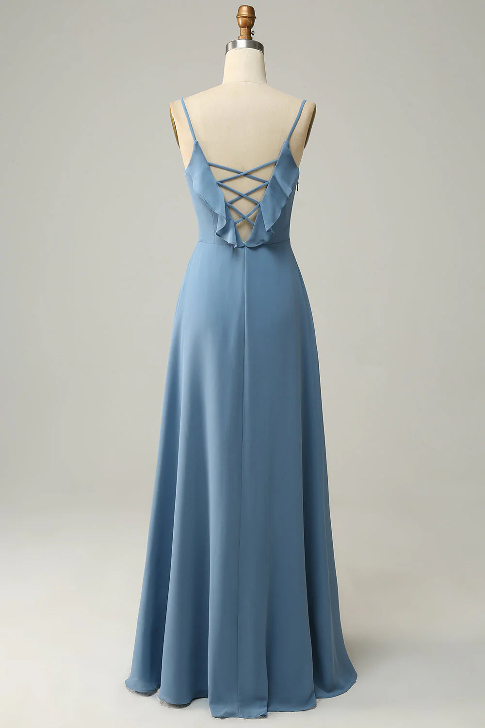 A Line thin shoulder strap gray blue ruffle edge long bridesmaid dress