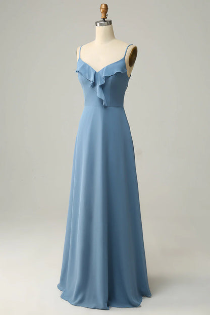 A Line thin shoulder strap gray blue ruffle edge long bridesmaid dress