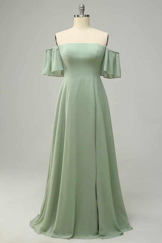 Ruffle Edge One Shoulder Green Long Bridesmaid Dress