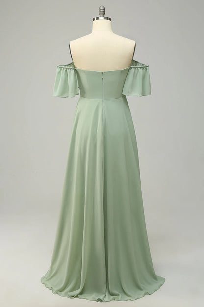 Ruffle Edge One Shoulder Green Long Bridesmaid Dress