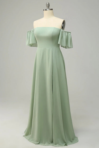 Ruffle Edge One Shoulder Green Long Bridesmaid Dress