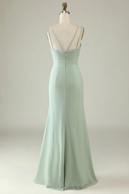 Sage green mermaid pendant slim shoulder chiffon bridesmaid dress