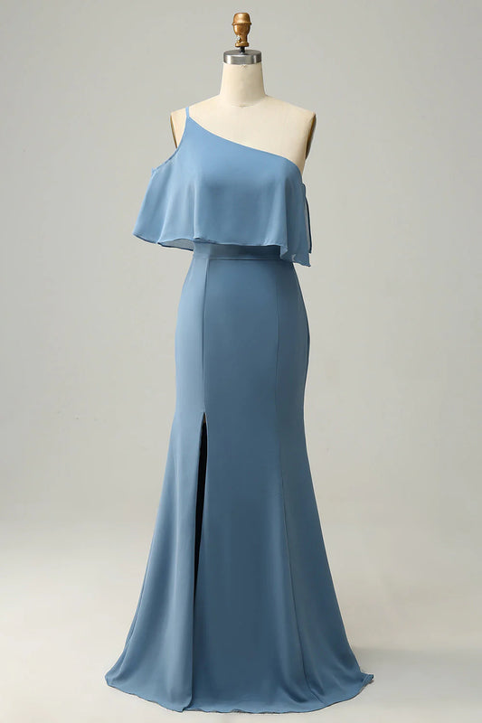 Slim fit one shoulder blue oversized bridesmaid dress