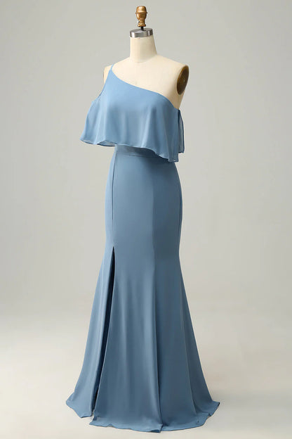 Slim fit one shoulder blue oversized bridesmaid dress