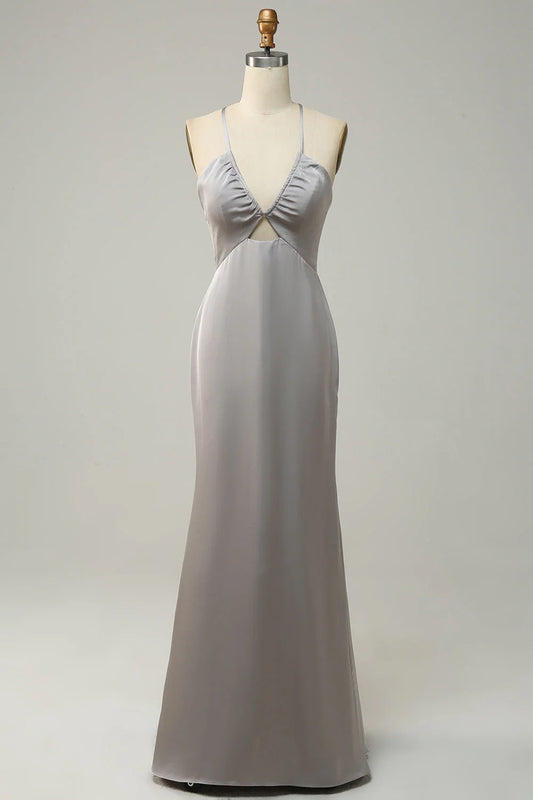 Fish tail thin shoulder strap open back grey long bridesmaid dress