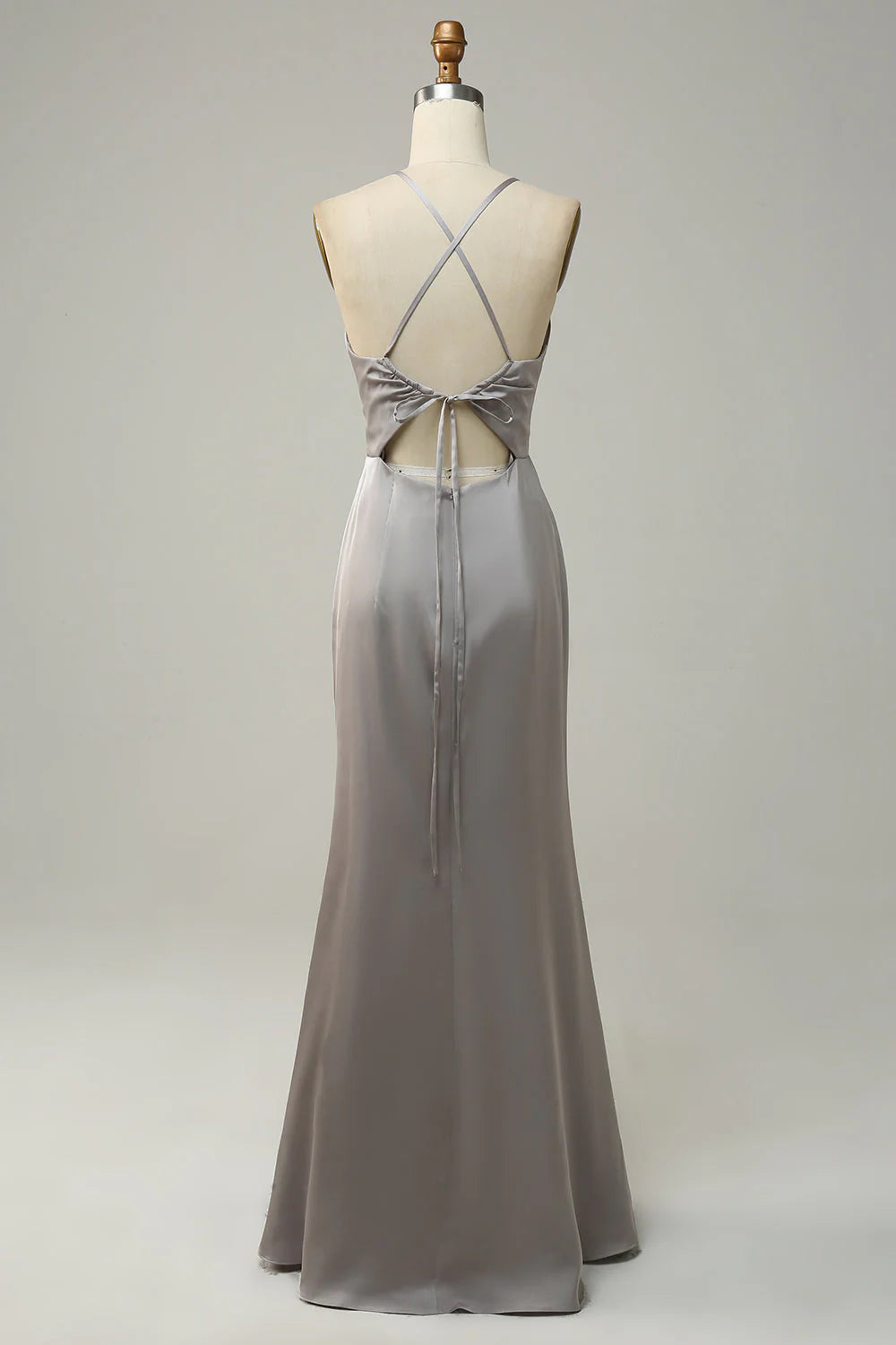 Fish tail thin shoulder strap open back grey long bridesmaid dress