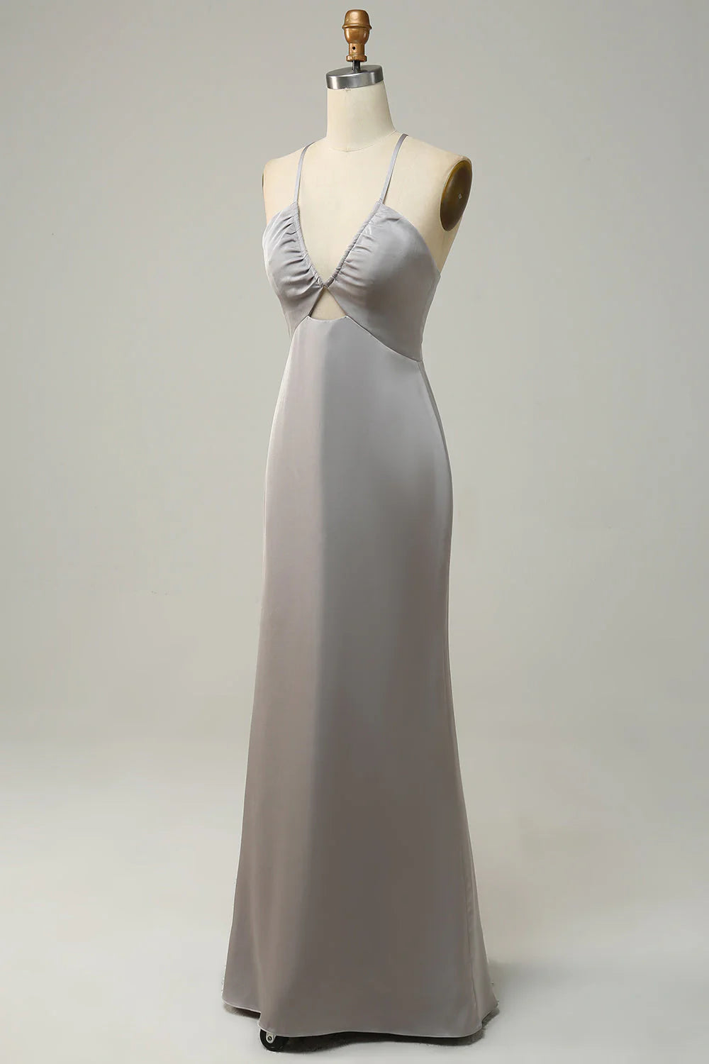 Fish tail thin shoulder strap open back grey long bridesmaid dress