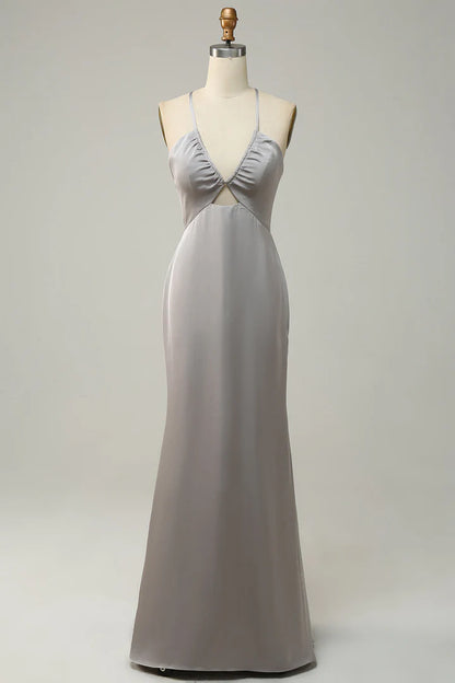 Grey fishtail backless long bridesmaid dress