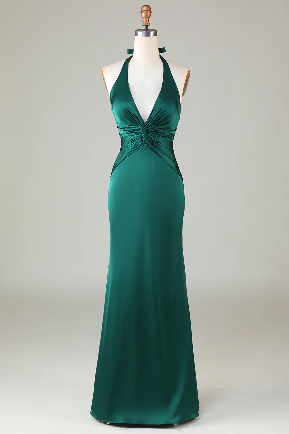 Fish tail hanging neck deep green long satin bridesmaid dress