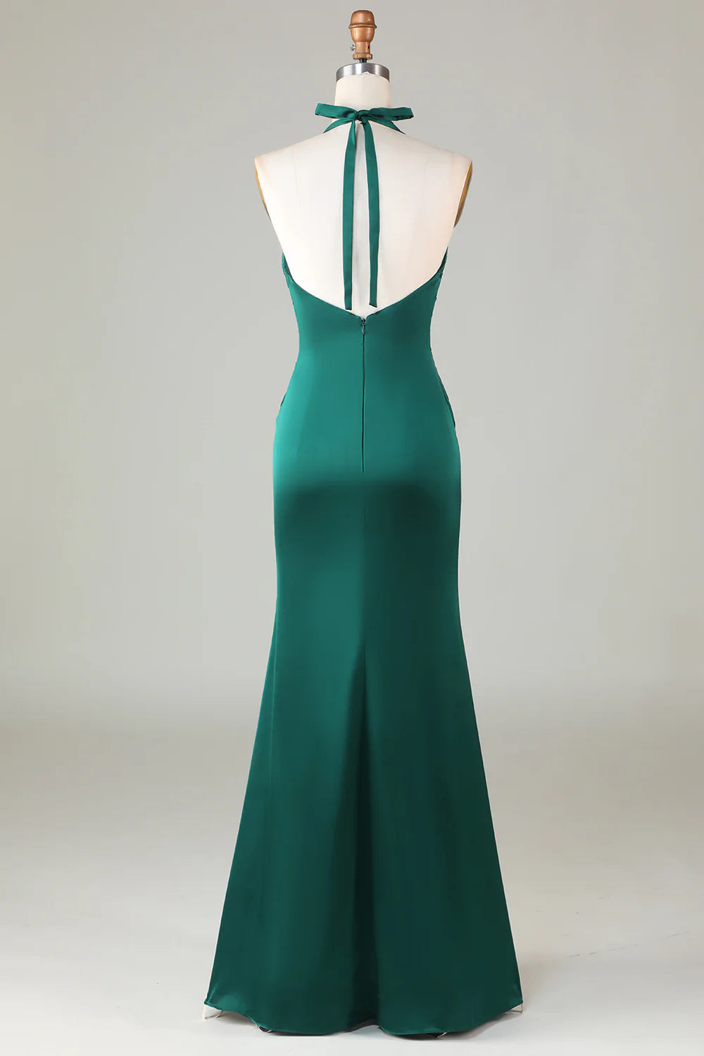 Fish tail hanging neck deep green long satin bridesmaid dress