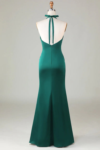 Fish Tail Hanging Neck Dark Green Bridesmaid Dress