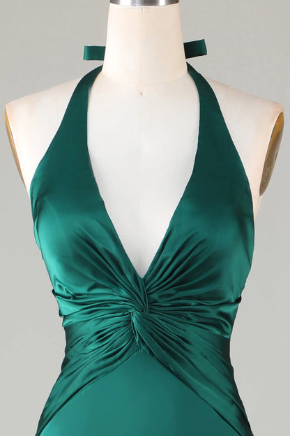 Fish Tail Hanging Neck Dark Green Bridesmaid Dress