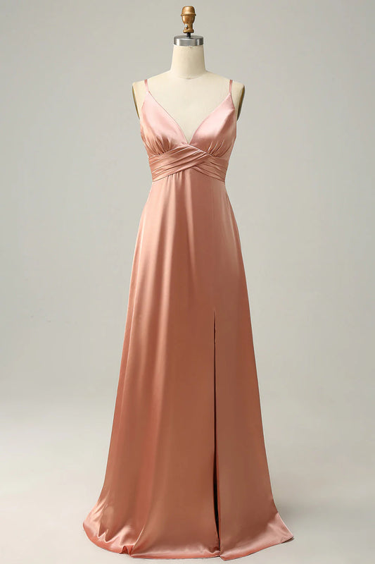 Powder blusher thin shoulder belt slit line bridesmaid dress