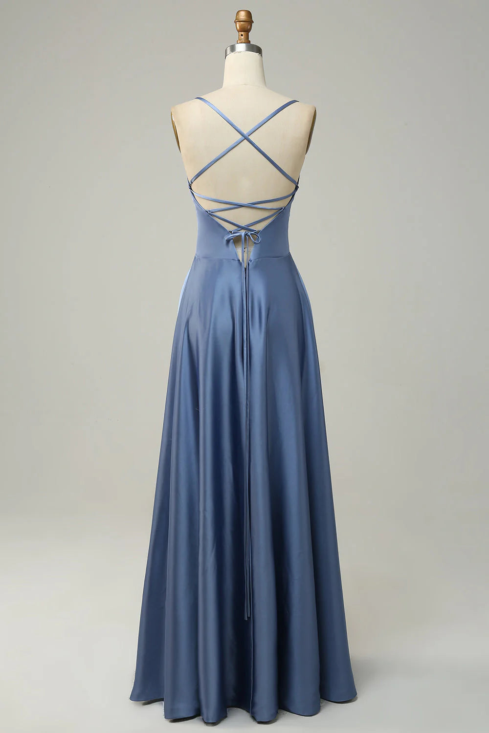 Grey blue neckline A-line long bridesmaid dress