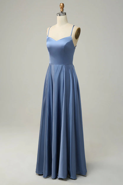 Grey blue neckline A-line long bridesmaid dress