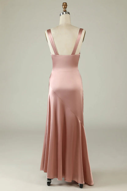 Pink asymmetrical thin shoulder strap slit bridesmaid dress