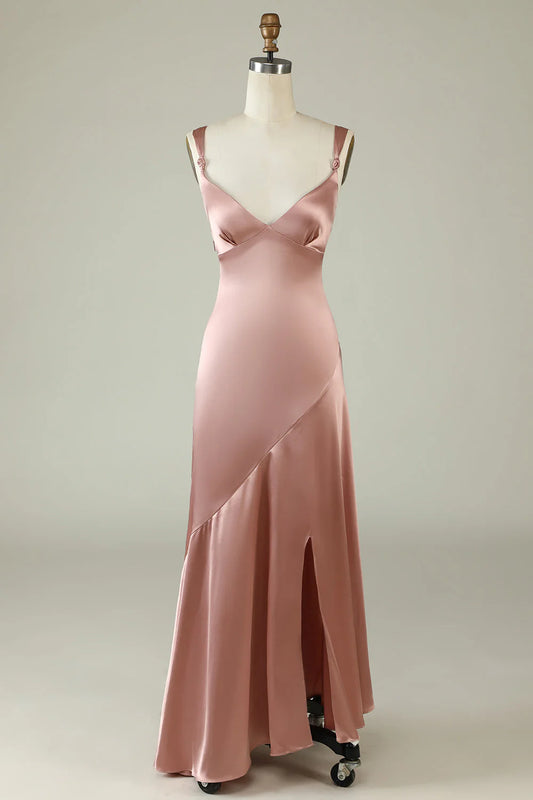 Pink asymmetrical thin shoulder strap slit bridesmaid dress