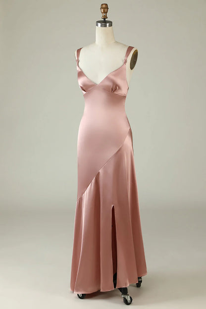 Powder blusher asymmetrical slit bridesmaid dress