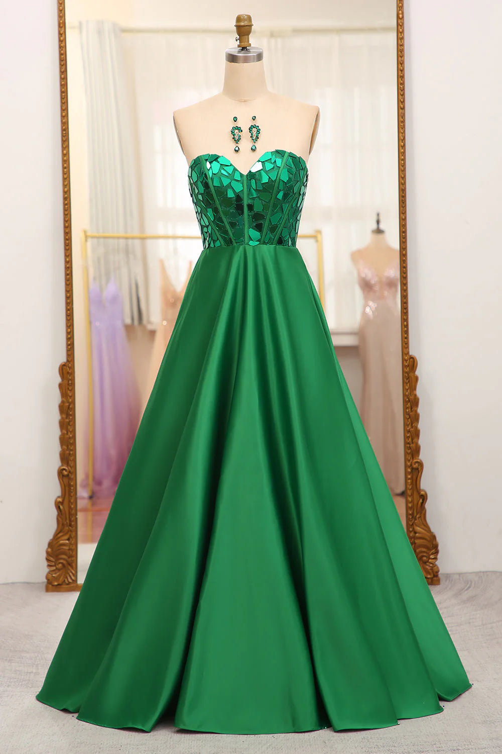 Deep green A-line sweetheart mirror long ball gown